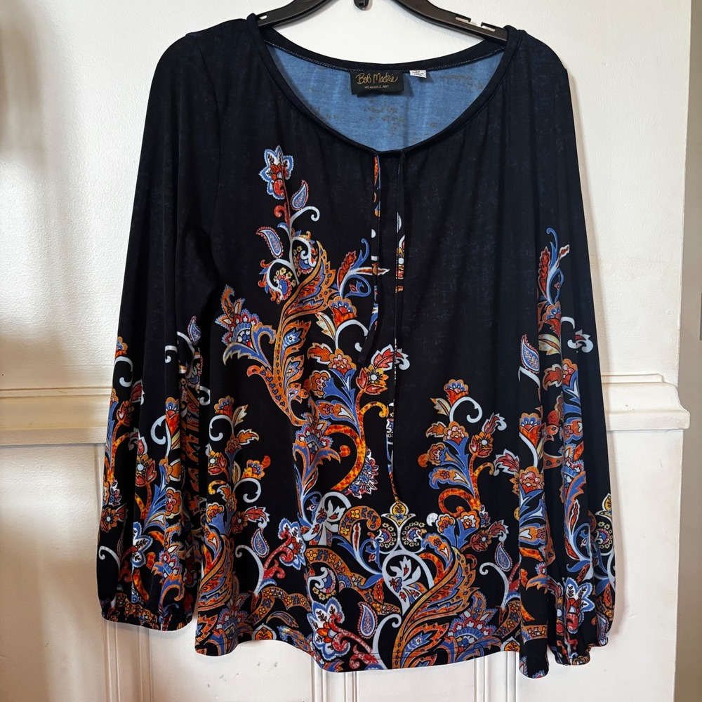 Bob Mackie Wearable Art Womens Blouse Medium Paisley Border Print Long Sleeve